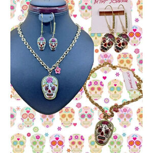 Betsey Johnson Gold Chain White-Pink Sugar Skull Pendant & Matching Earrings Set